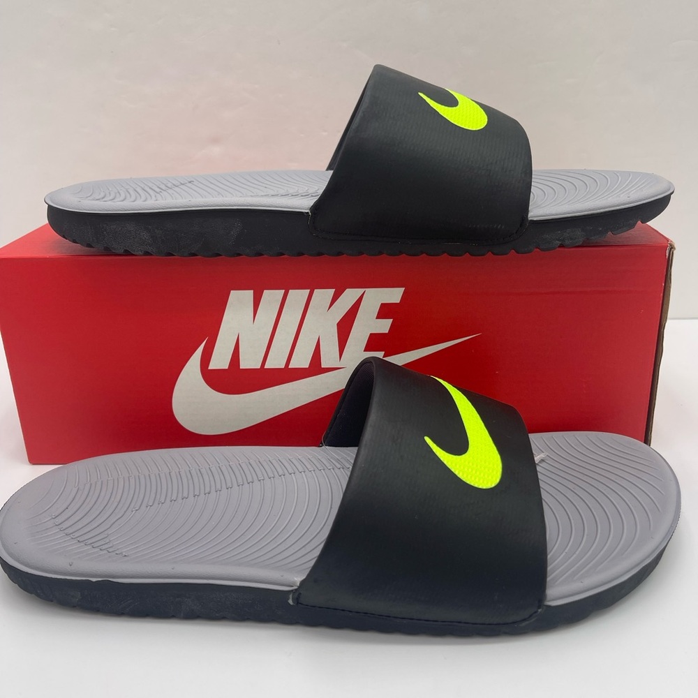 Nike Men’s Black Slides with Neon Green Logo - Picture 1 of 16